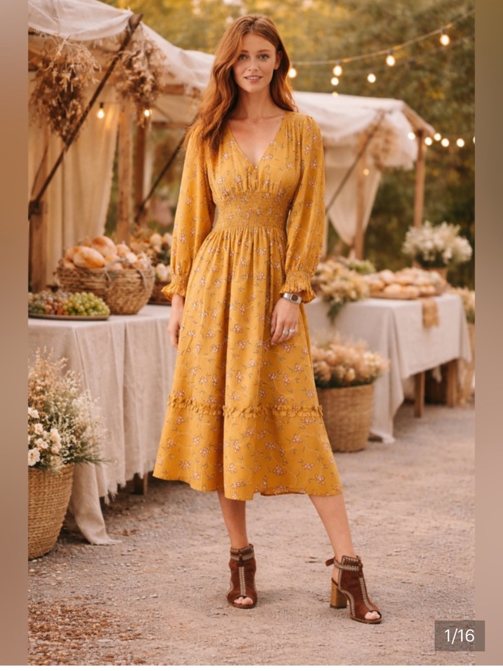 Outerknown Dress - Oceana floral smocked waist midi dress marigold